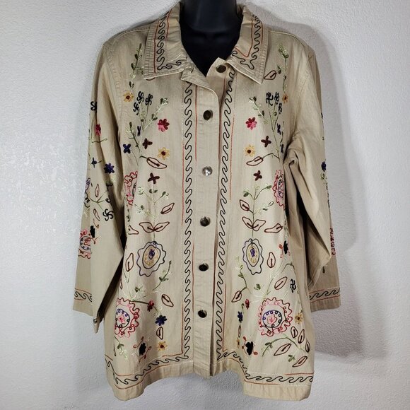Denim & Co. Womens Beige Embroidered Button Shirt Jacket 1X Floral Long Sleeve - Picture 12 of 14